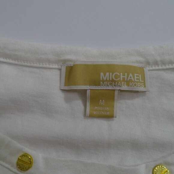 Michael Michael Kors White Top Women Size M Keyhole Gold Accent Short Sleeve - Picture 6 of 13